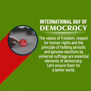 Image commemorating International Day of Democracy with a hand placing a 'I Voted' sticker.