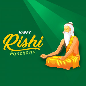 Illustration of a Rishi meditating with 'Happy Rishi Panchami' text