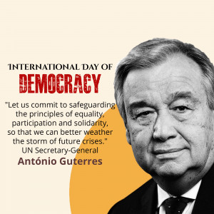 Image featuring UN Secretary-General António Guterres with text commemorating International Day of Democracy.