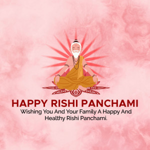 Image depicting a sage in a meditative pose with text 'Happy Rishi Panchami'