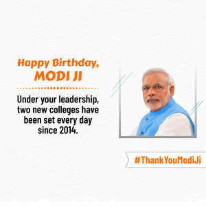 Image of Narendra Modi with text celebrating his birthday and achievements.