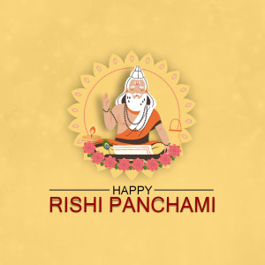 Illustration of a Rishi with a floral background and text 'Happy Rishi Panchami'