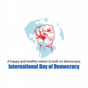 A raised fist superimposed on a world globe with text celebrating International Day of Democracy.