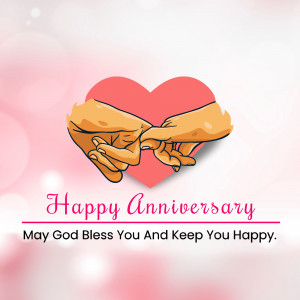 Illustration of two hands connecting with a pink heart in the background and 'Happy Anniversary' text.
