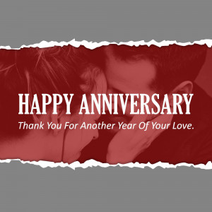 A couple embracing with a torn paper effect and 'Happy Anniversary' text.