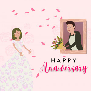 Illustration of a couple celebrating their anniversary with a portrait and flower bouquet.