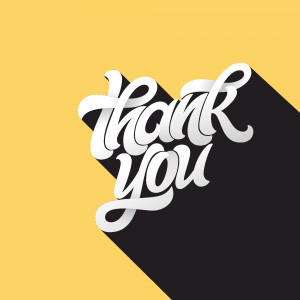 White cursive 'Thank You' text with a long shadow on a yellow background