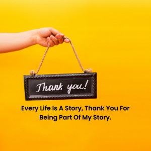 A hand holding a small chalkboard sign with the words 'Thank you!' written on it against a bright yellow background.