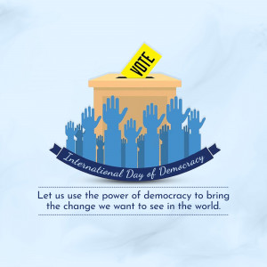 Illustration of a ballot box with hands reaching up and a banner reading 'International Day of Democracy'.