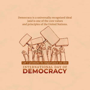 Illustration of raised hands holding protest signs with text promoting democracy.