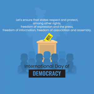Illustration of a ballot box with hands raising and text promoting democracy and freedom of expression.