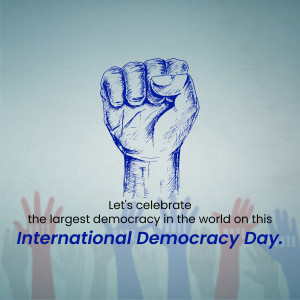Illustration of a raised fist symbolizing strength and unity with text celebrating International Democracy Day.