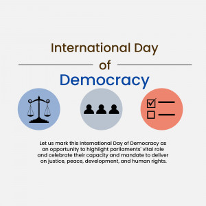 Image commemorating International Day of Democracy with scales of justice, people, and a checkmark.