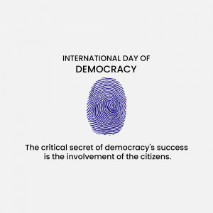 Fingerprint forming the shape of the world with text celebrating International Day of Democracy