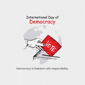 Illustration of a hand dropping a 'VOTE' ballot into a ballot box on a world map background.