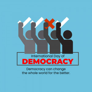 Illustration depicting hands raising ballots with one marked with an 'X', symbolizing the International Day of Democracy.