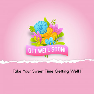 A floral 'Get Well Soon' card with a pink background and torn paper effect.