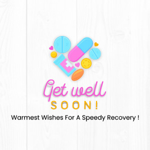 Get Well Soon card with pills and medical supplies