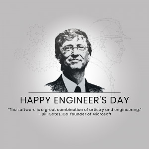 Portrait of Bill Gates with engineering schematics and a Happy Engineer's Day message.