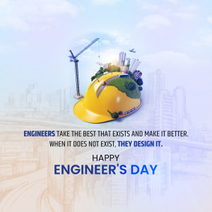 Illustration of a hard hat with a cityscape and construction crane, celebrating Engineer's Day.