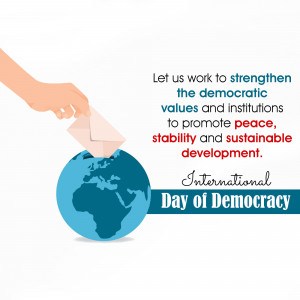Hand dropping a ballot into a globe representing the Earth, promoting democracy and peace.