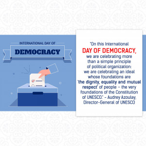Image commemorating International Day of Democracy with a hand dropping a ballot into a ballot box.