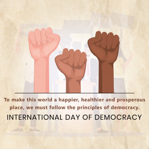 Illustration of diverse hands raised in fists symbolizing solidarity and democracy.