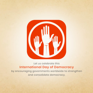 Hands raised in support of democracy with text celebrating International Day of Democracy
