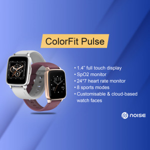 Noise ColorFit Pulse smartwatch in silver and maroon colors with feature highlights