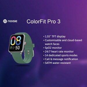 Noise ColorFit Pro 3 smartwatch with green strap on a purple gradient background