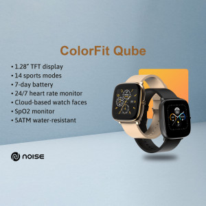 Noise ColorFit Qube smartwatch with features listed
