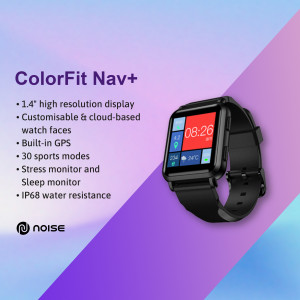 ColorFit Nav+ smartwatch with features listed