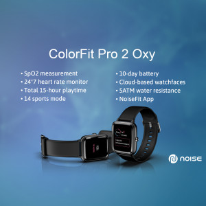 Noise ColorFit Pro 2 Oxy smartwatch with features listed