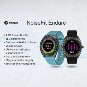 NoiseFit Endure smartwatch with blue and black straps, displaying health metrics.