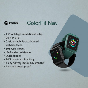 Noise ColorFit Nav smartwatch with features listed