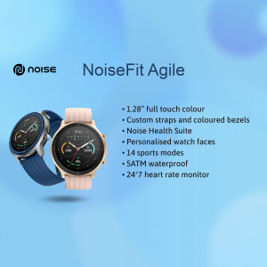 NoiseFit Agile smartwatch in blue and pink colors with features listed