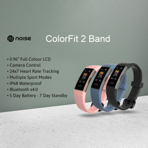 Noise ColorFit 2 Band fitness tracker in pink, blue, and black colors