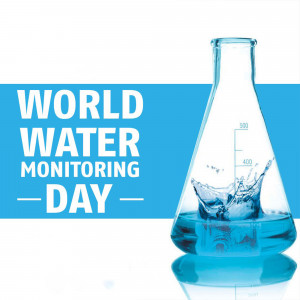 Image promoting World Water Monitoring Day with a beaker of water.