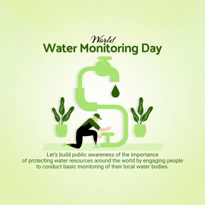 Illustration for World Water Monitoring Day featuring a faucet shaped like an 'S' with a water droplet and a person monitoring water.