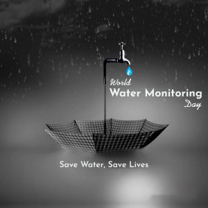 A faucet dripping a single drop of water into an umbrella, symbolizing water conservation.
