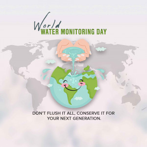 Illustration of hands cupping water over a smiling Earth with a world map background.