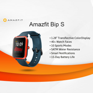 Amazfit Bip S smartwatch with a blue strap on an orange and white background