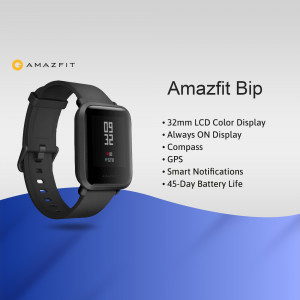Black Amazfit Bip smartwatch with a blue gradient background