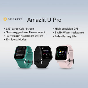Amazfit U Pro smartwatch in three colors - green, black, and pink