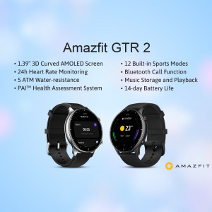Amazfit GTR 2 smartwatch with key features listed