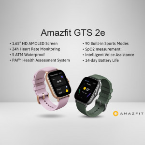 Amazfit GTS 2e smartwatch in pink and dark green colors