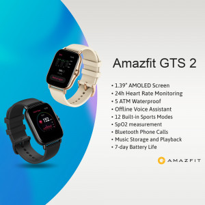 Amazfit GTS 2 smartwatch in black and beige colors with feature highlights