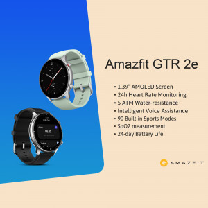 Amazfit GTR 2e smartwatch in two colors - light green and black - showcasing its features.