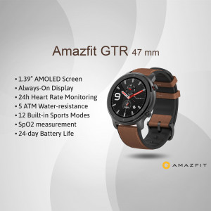 Amazfit GTR 47mm smartwatch with brown leather strap