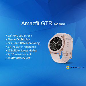 Pink Amazfit GTR 42mm smartwatch with features listed